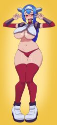 Rule 34 | 1girl, absurdres, armor, blue hair, blush, breasts, crop top, crosscode, detached sleeves, doce, double v, embarrassed, female focus, full body, half-closed eyes, headgear, highres, lea (crosscode), long hair, looking to the side, no pants, open mouth, panties, ponytail, red eyes, red panties, red sleeves, red thighhighs, scar on face, scar on nose, shirt, shoes, shoulder armor, solo, thighhighs, thighs, underboob, underwear, v, wavy mouth, white shirt, white shoes, yellow background