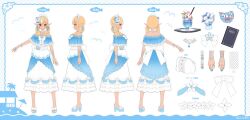 1girl back_bow blonde_hair blue_nails bow commentary_request copyright_notice dress elf elfriend_(shiranui_flare) flower frilled_dress frills full_body hair_flower hair_ornament hair_over_shoulder high_heel_sandals hololive layered_dress low_twintails medium_hair multicolored_hair multiple_views nail_polish off-shoulder_dress off_shoulder official_alternate_costume official_alternate_hairstyle official_art pointy_ears reference_sheet sandals second-party_source shiranui_flare shiranui_flare_(holonatsu_paradise) streaked_hair suraimu_(suraimuraimu) turnaround twintails virtual_youtuber white_bow white_dress white_hair
