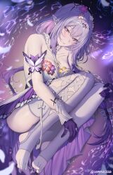 1girl absurdres armpit_crease bare_shoulders black_tiara breasts butterfly_earrings castorice_(honkai:_star_rail) commentary_request dress earrings feet feet_out_of_frame flower gloves hair_flower hair_ornament highres honkai:_star_rail honkai_(series) jewelry knees_up korean_commentary large_breasts long_hair looking_at_viewer nompang pantyhose parted_lips pink_flower pointy_ears purple_eyes purple_gloves purple_hair sidelocks single_leg_pantyhose single_thighhigh solo stirrup_legwear thighhighs thighs tiara toeless_legwear toes very_long_hair white_dress white_pantyhose white_thighhighs