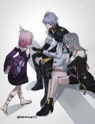 1boy 2girls artist_name black_gloves black_jacket black_pants black_shoes black_shorts closed_eyes dress gloves grey_hair highres honkai:_star_rail honkai_(series) jacket long_hair long_sleeves looking_at_another multiple_girls nayoton77 off_shoulder pants phainon_(honkai:_star_rail) pink_hair purple_dress shirt shoes short_hair shorts sitting stelle_(honkai:_star_rail) trailblazer_(honkai:_star_rail) twitter_username white_jacket white_shirt