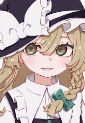 1girl absurdres black_hat black_vest blonde_hair bow collared_shirt commentary frilled_bow frills hair_between_eyes hat hat_bow highres kame_(kamepan44231) kirisame_marisa long_hair looking_at_viewer marisa_day portrait shirt solo touhou vest white_bow white_shirt yellow_eyes