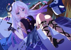 1girl bare_shoulders black_gloves blue_dress blue_eyes breasts citlali_(genshin_impact) dress feet fingerless_gloves genshin_impact gladiator_sandals gloves high_heels highres legs long_hair night pink_hair sandals sankaku_(maruchann32) toes