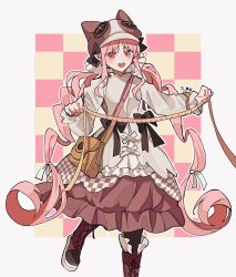 Rule 34 | 1girl, bag, boots, checkered background, dress, fate/grand order, fate (series), habetrot (fate), handbag, hat, highres, k 7s, long hair, low twintails, pink eyes, pink hair, pointy ears, sewing pin, tape measure, twintails