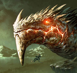 1other absurdres ambiguous_gender armor cliff cloud cloudy_sky dragon forest full_armor glowing glowing_eye helm helmet highres kalmahul knight mountain nature on_swing original outdoors scales scenery sky swing swinging swinging_on_swing warrior water