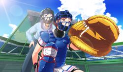 baseball baseball_glove baseball_stadium baseball_uniform bike_shorts_under_skirt black_shorts black_undershirt blue_shirt catcher&#039;s_mask catcher_(baseball) chest_protector cinderella_series closed_mouth cloud cumulonimbus_cloud from_below game_cg grey_pants hachigatsu_no_cinderella_nine highres lens_flare light_rays long_sleeves non-web_source official_art outdoors pants playing_sports pleated_skirt red_eyes red_hair satogahama_baseball_uniform senba_ayako shin_guards shirt shirt_under_shirt short_hair short_sleeves shorts skirt sky sportswear squatting standing striped_clothes striped_shirt sunbeam sunlight umpire v-shaped_eyebrows vertical-striped_clothes vertical-striped_shirt wristband