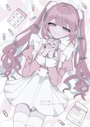 1girl apron blunt_bangs bow closed_mouth commission highres interlocked_fingers juliet_sleeves long_hair long_sleeves looking_at_viewer original own_hands_together pill pink_eyes pink_hair pink_shirt puffy_sleeves shirt simple_background skeb_commission skirt smile solo thighhighs twintails white_apron white_bow white_thighhighs yakitori_egg