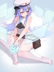 Rule 34 | 1girl, absurdres, alternate costume, bare shoulders, beret, blue hair, bow, breasts, colored tips, cube, feet, fei (1042471593), galo (warship girls r), gloves, gradient hair, hair bow, hair ornament, hairclip, hat, hat ornament, highres, holographic interface, legs, leotard, long hair, medium breasts, multicolored hair, no shoes, purple hair, red eyes, red star, sitting, solo, star (symbol), star hat ornament, thighhighs, thighs, toes, warship girls r, white gloves, white leotard, white thighhighs, yingtan (warship girls r)