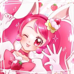 1girl ;p animal_ears big_hair bow bowtie buttons cake choker closed_mouth cure_whip dot_nose earrings eyelashes floppy_ears food food-themed_clothes food-themed_hair_ornament fujisaki_star gloves hair_ornament hairband halftone hand_on_own_ear hand_up happy hashtag-only_commentary jewelry kirakira_precure_a_la_mode light_blush long_hair looking_at_viewer magical_girl one_eye_closed pink_background pink_bow pink_bowtie pink_choker pink_eyes pink_hair pink_vest pom_pom_(clothes) pom_pom_earrings precure puffy_short_sleeves puffy_sleeves rabbit_ears rabbit_girl red_hairband shirt short_sleeves smile solo sparkle square_neckline strawberry_background strawberry_brooch strawberry_shortcake striped_background tareme tongue tongue_out twintails upper_body usami_ichika vest wavy_hair white_gloves white_shirt