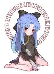 1girl absurdres barefoot black_bow black_dress bow china_dress chinese_clothes closed_mouth commission dress highres knee_blush kneeling len_(tsukihime) long_hair long_sleeves noto_(user_dajk3722) pointy_ears red_eyes simple_background skeb_commission solo tsukihime white_background