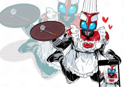 1boy apron armor beetle blue_eyes blush bug chef_hat crossdressing dress gopogopo hat heart helmet holding holding_tray insect kamen_rider kamen_rider_kabuto kamen_rider_kabuto_(series) kneeling ladle maid male_focus mask masked masked_male meme on_ground phone recording red_armor redrawn sitting tray