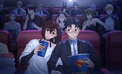 6+boys 6+girls anby_demara animal_ears ayase_momo bare_arms bare_shoulders billy_kid black_choker black_dress black_hair black_jacket blonde_hair blue_archive blue_jacket blunt_bangs blush bra_strap brown_hair chainsaw_man character_request choker commentary copyright_request cup dandadan dc_comics denji_(chainsaw_man) disposable_cup dress drinking drinking_straw earrings fox_ears glasses green_hair grey_hair halter_dress halterneck hayakawa_aki highres holding holding_cup holding_hands hoshimi_miyabi indoors jacket jewelry koharu_(blue_archive) land_(sousou_no_frieren) long_sleeves looking_at_viewer movie_theater multiple_boys multiple_girls pink_hair power_(chainsaw_man) purple_eyes purple_hair rappa_(sirrappa) round_eyewear shirt short_hair side_ponytail sousou_no_frieren superman_(2025) superman_(series) takakura_ken_(dandadan) ubel_(sousou_no_frieren) white_shirt wise_(zenless_zone_zero) zenless_zone_zero