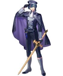 Rule 34 | 1boy, adjusting clothes, adjusting headwear, black cape, black gloves, cape, dagger, fire emblem, fire emblem heroes, garreg mach monastery uniform, gloves, half gloves, hat, highres, holding, holding sword, holding weapon, knife, looking at viewer, male byleth (anchor of hope) (fire emblem), male byleth (fire emblem), male focus, nintendo, non-web source, official alternate costume, official art, peaked cap, salute, solo, sword, sword of the creator, tachi-e, weapon