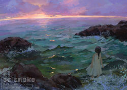 1girl artist_name black_hair braid braided_ponytail cloud cloudy_sky commentary_request dress evening horizon ocean original outdoors scenery sky solanoko solo sunset water white_dress