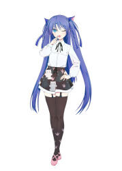 Rule 34 | 1girl, :3, :d, absurdres, alternate costume, animal print, aqua eyes, black ribbon, black skirt, black thighhighs, blue hair, blue ribbon, blush, casual, cat print, collared shirt, commentary, eyes visible through hair, frilled ribbon, frills, full body, garter straps, hair between eyes, hair ribbon, hand on own hip, hand up, highres, little busters!, long hair, long sleeves, looking at viewer, mary janes, miniskirt, natsuoto rito, neck ribbon, ojou-sama pose, one eye closed, open mouth, paw print, pink shoes, ribbon, sasasegawa sasami, shirt, shoes, simple background, skirt, smile, solo, standing, tachi-e, thighhighs, tsurime, two side up, very long hair, white background, white shirt, zettai ryouiki