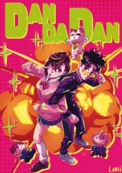 Rule 34 | 1boy, 2girls, absurdres, artist name, ayase momo, back-to-back, black choker, black hair, black pants, bow, bowtie, brown eyes, brown hair, cat, character doll, choker, commentary, copyright name, crossed bangs, dandadan, doll, earrings, enjoji jin, explosion, full body, gakuran, glasses, hair between eyes, highres, jewelry, kami high school uniform, locked arms, looking at viewer, looorii, loose socks, maneki-neko, miniskirt, multiple girls, pants, pink background, pink sweater, pleated skirt, red bow, red bowtie, round eyewear, school uniform, shiratori aira (dandadan), short hair, skirt, socks, sparkle, standing, sweater, takakura ken (dandadan), turbo granny (dandadan), white socks