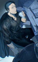 1boy 1other black_pants black_shirt blue_hair book collared_shirt commentary_request cup desk drinking_glass from_above furrowed_brow hand_up highres holding holding_cup holding_tray looking_at_viewer male_focus matsuda_ryota pants paper pov saida_(ohda_ooda) sanpaku shirt short_hair sitting solo_focus sweat toshi_densetsu_kaitai_center tray wet wet_clothes wet_shirt