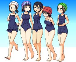 5girls :o arm_behind_head armpits arms_behind_back black_eyes black_hair bob_cut breasts brown_eyes brown_hair frills goggles goggles_on_headwear hair_bun highres large_breasts maruput midriff multiple_girls original school_uniform short_hair simple_background single_hair_bun small_breasts smile swim_cap twintails