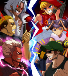 Rule 34 | 3boys, 3girls, abdomen tail, akuma (street fighter), arthropod girl, aura, b.b. hood, black facial hair, blonde hair, camera, capcom vs snk 2, darkstalkers, electricity, extra eyes, facial hair, fatal fury, fur collar, glowing, god rugal, gun, higurashi no naku koro ni, holding, holding camera, holding gun, holding knife, holding weapon, insect wings, knife, lightning, looking at another, looking to the side, m.u.g.e.n, multiple boys, multiple girls, no~ma, q-bee, red eyes, rugal bernstein, shin akuma, shirt, smile, stare down, street fighter, submachine gun, sunglasses, the king of fighters, tight clothes, tight shirt, tomitake jirou, weapon, white hair, wings, yamazaki ryuuji