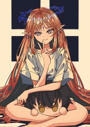 1girl alternate_costume artdroiiid_ii blonde_hair blue_eyes cartethyia_(wuthering_waves) closed_mouth commentary crown_of_thorns cube_(wuthering_waves) earrings hand_up highres jewelry long_hair looking_at_viewer male_rover_(wuthering_waves) pointy_ears rover_(wuthering_waves) shirt sidelocks sitting smile solo tacet_mark_(wuthering_waves) v very_long_hair white_shirt wuthering_waves