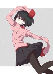 Rule 34 | 1girl, absurdres, arm up, black eyes, black hair, black pantyhose, black skirt, bob cut, closed mouth, commentary request, empty eyes, feet out of frame, from behind, grey background, hair between eyes, highres, juliet sleeves, long sleeves, looking at viewer, looking back, manimani (mani ma), monogatari (series), naoetsu high school uniform, oshino ougi, pale skin, pantyhose, pink shirt, pleated skirt, puffy sleeves, school uniform, shirt, short hair, skirt, sleeves past fingers, sleeves past wrists, smile, solo, standing, very long sleeves