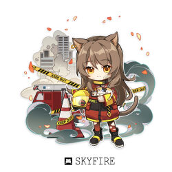 Rule 34 | 1girl, animal, animal ear piercing, animal ears, ankle boots, arknights, ax (mihuashi 2426), bandaged hand, bandages, black boots, boots, brown hair, brown tail, cat, caution tape, chibi, chibi only, closed mouth, commission, embers, firefighter, firefighter jacket, full body, gauze, gauze on cheek, helmet, holding, holding animal, holding cat, holding unworn helmet, jacket, keep out, long hair, looking at viewer, mihuashi commission, no nose, pantyhose, red jacket, red pantyhose, skyfire (arknights), smile, smoke, solo, standing, tail, torn clothes, torn pantyhose, traffic cone, unworn headwear, unworn helmet, yellow eyes