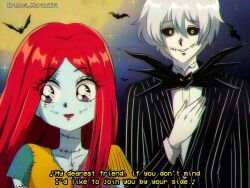 1boy 1girl brenni_murasaki colored_skin dress formal_clothes humanization jack_skellington jacket long_hair long_sleeves open_mouth patchwork_skin pinstripe_pattern red_hair sally_(nbc) simple_background skeleton smile stitched_face stitches striped_clothes suit the_nightmare_before_christmas