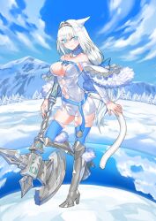 1girl animal_ears arm_at_side arm_behind_back armored_boots axe bare_shoulders battle_axe blue_bow blue_eyes blue_sash blue_sky blue_thighhighs blush boots bow breasts capelet cat_ears cat_girl cat_tail cleavage cleavage_cutout closed_mouth clothing_cutout cloud collar cutout_above_navel cutout_below_navel detached_collar detached_sleeves dobrynya_nikitich_(fate) dobrynya_nikitich_(second_ascension)_(fate) dress fate/grand_order fate_(series) front_slit fur-trimmed_boots fur-trimmed_capelet fur_trim game_cg grey_hairband hair_bow hair_intakes hairband high_heel_boots high_heels holding holding_weapon large_breasts leg_up long_hair long_sleeves looking_to_the_side low-tied_long_hair mountainous_horizon navel navel_cutout official_art robina sash short_dress sidelocks skindentation sky smile snow solo standing standing_on_one_leg strapless strapless_dress tail thighhighs third-party_source underboob underboob_cutout variant_set very_long_hair weapon white_capelet white_collar white_hair white_sleeves white_tail wing_collar