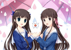&gt;_&lt; 2girls :d absurdres alternate_eye_color blue_eyes brown_eyes brown_hair cen_(cenll) dual_persona food fruits_basket hair_ribbon highres honda_tooru multiple_girls onigiri open_mouth ribbon school_uniform serafuku smile umbrella