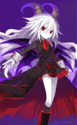1girl demon_girl demon_horns demon_wings funamusea haiiro_teien high-low_skirt highres horns kokaki_mumose long_hair multiple_wings red_eyes reficul_(funamusea) solo very_long_hair white_hair wings