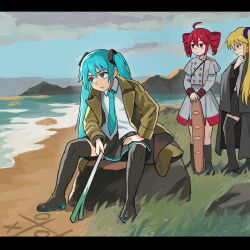 3girls absurdres ahoge akita_neru aqua_eyes aqua_hair aqua_necktie baguette beach black_boots black_skirt blonde_hair boots bread buttons commentary day double-breasted drill_hair english_commentary fine_art_parody food frown grass hand_on_own_thigh hatsune_miku highres kasane_teto letterboxed long_hair long_sleeves miniskirt mountainous_horizon multiple_girls necktie outdoors parody pleated_skirt red_eyes red_hair rock shirt side_ponytail sitting skirt spring_onion thigh_boots tic-tac-toe twin_drills twintails utau vocaloid watcher_hollow water white_shirt