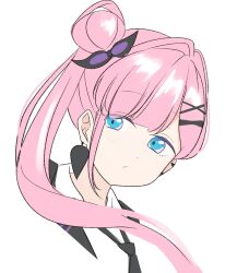 Rule 34 | 1girl, :/, anyoji hime, black jacket, blue eyes, closed mouth, collared shirt, commentary request, cropped head, earrings, floating hair, hair bun, hair intakes, hair ornament, highres, i do me! (love live!), jacket, jewelry, link! like! love live!, long hair, looking to the side, love live!, official alternate costume, official alternate hairstyle, pink hair, shirt, side ponytail, sideways glance, simple background, single side bun, single sidelock, solo, tsubuan (in taiyaki), virtual youtuber, white background, white shirt, x hair ornament