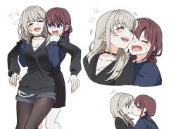 &gt;_&lt; 2girls black_pantyhose black_shorts black_skirt black_sweater blue_eyes blue_shirt brown_hair closed_eyes commentary_request drunk girls_band_cry grey_eyes grey_hair habsida_(habsida_hpy) highres iseri_nina kawaragi_momoka kiss korean_commentary long_hair multicolored_hair multiple_girls open_mouth pantyhose pantyhose_under_shorts roots_(hair) shirt short_twintails shorts simple_background skirt suspender_skirt suspenders sweater twintails white_background yuri