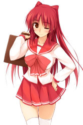 Rule 34 | 1girl, ;), bag, blush, bookbag, breasts, brown eyes, eyebrows, female focus, hand on own hip, kousaka tamaki, large breasts, long hair, long sleeves, looking at viewer, one eye closed, over shoulder, pleated skirt, red hair, red skirt, school bag, school uniform, serafuku, simple background, skirt, smile, solo, thighhighs, to heart (series), to heart 2, white background, white thighhighs, zekkyon
