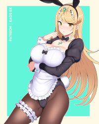 1girl animal_ears apron black_leotard black_pantyhose blonde_hair blush breasts chest_jewel cleavage core_crystal_(xenoblade) dress earrings headpiece highres jewelry kaos_art large_breasts leotard long_hair long_sleeves looking_at_viewer maid maid_apron maid_headdress mythra_(xenoblade) nontraditional_playboy_bunny pantyhose playboy_bunny rabbit_ears rabbit_tail solo swept_bangs tail thigh_strap tiara very_long_hair white_apron xenoblade_chronicles_(series) xenoblade_chronicles_2 yellow_eyes