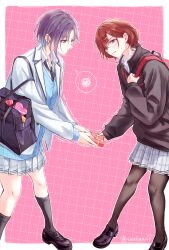 2girls absurdres ahoge asakura_toru backpack bag black_bag black_necktie black_pantyhose black_shoes black_socks black_sweater blue_cardigan blue_eyes blue_hair blush border box brown_hair cardigan collared_shirt commentary_request dress_shirt gradient_hair grey_skirt hair_ornament hairclip heart-shaped_box highres higuchi_madoka idolmaster idolmaster_shiny_colors jacket kneehighs loafers mole mole_under_eye multicolored_hair multiple_girls necktie nervous_sweating open_mouth outline outside_border pantyhose parted_bangs pink_background plaid_clothes plaid_skirt pleated_skirt pout purple_eyes purple_hair red_bag school_bag school_uniform shirt shoes shoulder_bag skirt socks spoken_squiggle squiggle sushizanmai_(sorahaaoi7) sweat sweater trembling twitter_username valentine white_border white_jacket white_outline white_shirt yuri