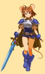 1girl absurdres ahoge animal_ears armor belt blue_armor blue_boots blue_dress blue_gloves boots breastplate brown_belt brown_eyes brown_hair brown_sleeves dress fantasy fingerless_gloves full_body gloves highres holding holding_sword holding_weapon knee_boots leather_belt looking_at_viewer mouse_ears mouse_girl mouse_tail original pauldrons short_dress short_hair short_sleeves shoulder_armor smile solo standing sword tail thernz two-tone_armor weapon