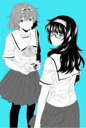 2boys alternate_hairstyle black_pantyhose blush bob_cut chest_bow chuo_tanegashima_high_school_uniform crossdressing crossdressing_(mtf) embarrassed expressionless from_behind hidaka_subaru holding holding_tablet_pc ikuhashi_muiko long_hair looking_back multiple_boys nervous_sweating pantyhose pleated_skirt robotics;notes sailor_collar school_uniform serafuku shirt short_hair short_sleeves skirt standing sweat tablet_pc wavy_mouth white_shirt yashio_kaito