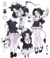 Rule 34 | 1girl, absurdres, animal charm, animal ears, black gloves, black hair, black shoes, blouse, blue brooch, blue eyes, charm (object), color guide, commentary request, cow ears, cow girl, cow horns, cow tail, curtained hair, dixie cup hat, gloves, hat, highres, horns, long hair, military hat, multiple views, original, pantyhose, shirt, shoes, simple background, single glove, skirt, suspender skirt, suspenders, tail, translation request, violin case, white background, white hat, white pantyhose, white shirt, wing collar, zizi niisan