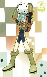 Rule 34 | 1boy, armor, arms up, black bodysuit, bodysuit, covered eyes, dice, double soul (mega man), full body, green armor, helmet, helmet over eyes, highres, holding, holding dice, male focus, mega man (series), mega man battle network (series), megaman.exe, netnavi, numberman.exe, open mouth, oversized object, solo, suikaels