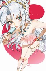 1girl absurdres ahoge aqua_eyes bare_legs bare_shoulders breasts carlotta_(wuthering_waves) casual_one-piece_swimsuit commentary_request flower food hair_flower hair_ornament highres holding holding_food holding_popsicle leaning_forward legs long_hair looking_at_viewer multicolored_eyes one-piece_swimsuit open_mouth parted_bangs pink_eyes pink_one-piece_swimsuit popsicle sidelocks signature small_breasts solo swimsuit two-tone_eyes very_long_hair white_flower white_hair wuthering_waves yisjhui