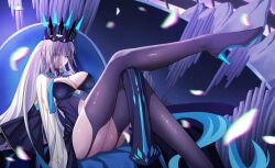 1girl absurdres black_dress black_gloves black_thighhighs blue_dress blue_eyes braid breasts cleavage crown dress fate/grand_order fate_(series) gloves gold_trim grey_hair high_heels highres large_breasts legs long_hair long_sleeves longdq3008 looking_at_viewer morgan_le_fay_(fate) morgan_le_fay_(queen_of_winter)_(fate) open_mouth pelvic_curtain ponytail sidelocks solo stole thighhighs throne two-tone_dress veil very_long_hair wide_sleeves