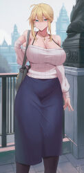 1girl absurdres ahoge alternate_costume artoria_pendragon_(fate) artoria_pendragon_(lancer)_(fate) bag bare_shoulders blonde_hair blue_skirt breasts cleavage collarbone commentary cross cross_earrings cross_necklace earrings english_commentary fate/grand_order fate_(series) green_eyes highres huge_breasts jewelry kakeku long_hair long_sleeves looking_at_viewer necklace off-shoulder_sweater off_shoulder outdoors paid_reward_available ribbed_sweater shoulder_bag sidelocks skirt smile solo standing sweater variant_set white_sweater wide_hips