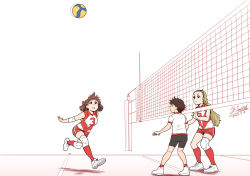 Rule 34 | 3girls, artist name, ball, bike shorts, black shorts, blonde hair, brown eyes, brown hair, commentary, dated, elbow pads, girls und panzer, gym shirt, gym uniform, hair pulled back, hairband, headband, highres, isobe noriko, knee pads, kondou taeko, long hair, medium hair, multiple girls, ponytail, red headband, red shirt, red shorts, red socks, running, sasaki akebi, satou yasu, shirt, shoes, short hair, short shorts, short sleeves, shorts, signature, single vertical stripe, sleeveless, sleeveless shirt, sneakers, socks, sportswear, standing, t-shirt, volleyball, volleyball (object), volleyball net, volleyball uniform, white hairband, white shirt, white shoes
