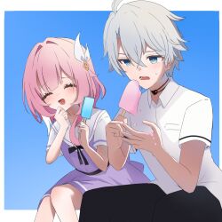 1boy 1girl black_choker black_pants blue_background blue_eyes border choker collared_shirt commentary_request cyrene_(honkai:_star_rail) dress food guratan_13 hair_ornament highres holding holding_food holding_popsicle honkai:_star_rail honkai_(series) laughing medium_hair melting_popsicle multicolored_hair pants phainon_(honkai:_star_rail) pink_hair popsicle purple_dress school_uniform shirt short_hair two-tone_hair white_border white_hair white_shirt
