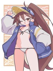 1girl ;d arm_up bikini blue_hat blue_jacket blush border brown_background brown_eyes brown_hair commentary cowboy_shot disgaea flat_chest front-tie_bikini_top front-tie_top hair_between_eyes hat highres jacket kazamatsuri_fuuka long_hair long_sleeves looking_at_viewer makai_senki_disgaea_4 navel one_eye_closed open_clothes open_jacket open_mouth outline outside_border ponytail smile solo suaman swimsuit very_long_hair visor_cap white_bikini white_border white_outline