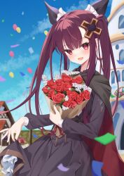 1girl absurdres alucard_lore black_cloak black_dress blue_sky bouquet cloak clothes_lift dress emil_chronicle_online flower hair_ornament highres holding holding_bouquet long_hair looking_at_viewer open_mouth purple_eyes purple_hair rose si_shu skirt skirt_lift sky twintails vampire