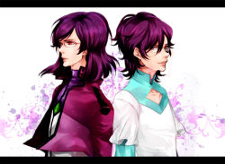 00s 2boys back-to-back bad_id bad_pixiv_id dual_persona glasses gundam gundam_00 konno_karin letterboxed mitaka multiple_boys purple_hair red_eyes short_hair tieria_erde