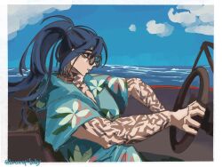 1boy baconepibaby black_eyes blue_hair blue_sky car chest_tattoo cloud cloudy_sky convertible curtained_hair driving from_side glasses hair_between_eyes hawaiian_shirt high_ponytail highres hong_lu_(project_moon) horizon leaning_back leaning_to_the_side limbus_company male_focus motor_vehicle neck_tattoo ocean open_mouth ponytail project_moon shirt sitting sky solo steering_wheel tattoo tattoo_sleeve tingtang_gang_(identity)_(project_moon) upper_body