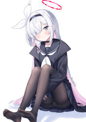 1girl absurdres art_crab black_hairband black_jacket black_pantyhose black_sailor_collar black_serafuku black_shirt black_skirt blue_archive blush closed_mouth colored_inner_hair grey_eyes hair_ribbon hairband halo highres hugging_own_legs jacket multicolored_hair neckerchief no_shoes pantyhose pink_hair plana_(blue_archive) red_halo ribbon sailor_collar school_uniform serafuku shirt skirt solo thighband_pantyhose two-tone_hair white_hair white_neckerchief white_ribbon