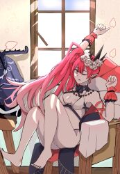 1girl arm_up baobhan_sith_(fate) baobhan_sith_(swimsuit_pretender)_(third_ascension)_(fate) barefoot bikini breasts cernunnos_(fate) detached_collar fate/grand_order fate_(series) flower full_body grey_eyes hair_flower hair_ornament highres knees_up long_hair looking_at_viewer pink_hair pointy_ears side_ponytail sitting solo stuffed_toy swimsuit tiara tsuki_work white_bikini white_flower
